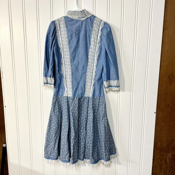 70s Vintage Dress Collared Neck Blue & White Laced Peplum Mini Long Handmade - Picture 7 of 12